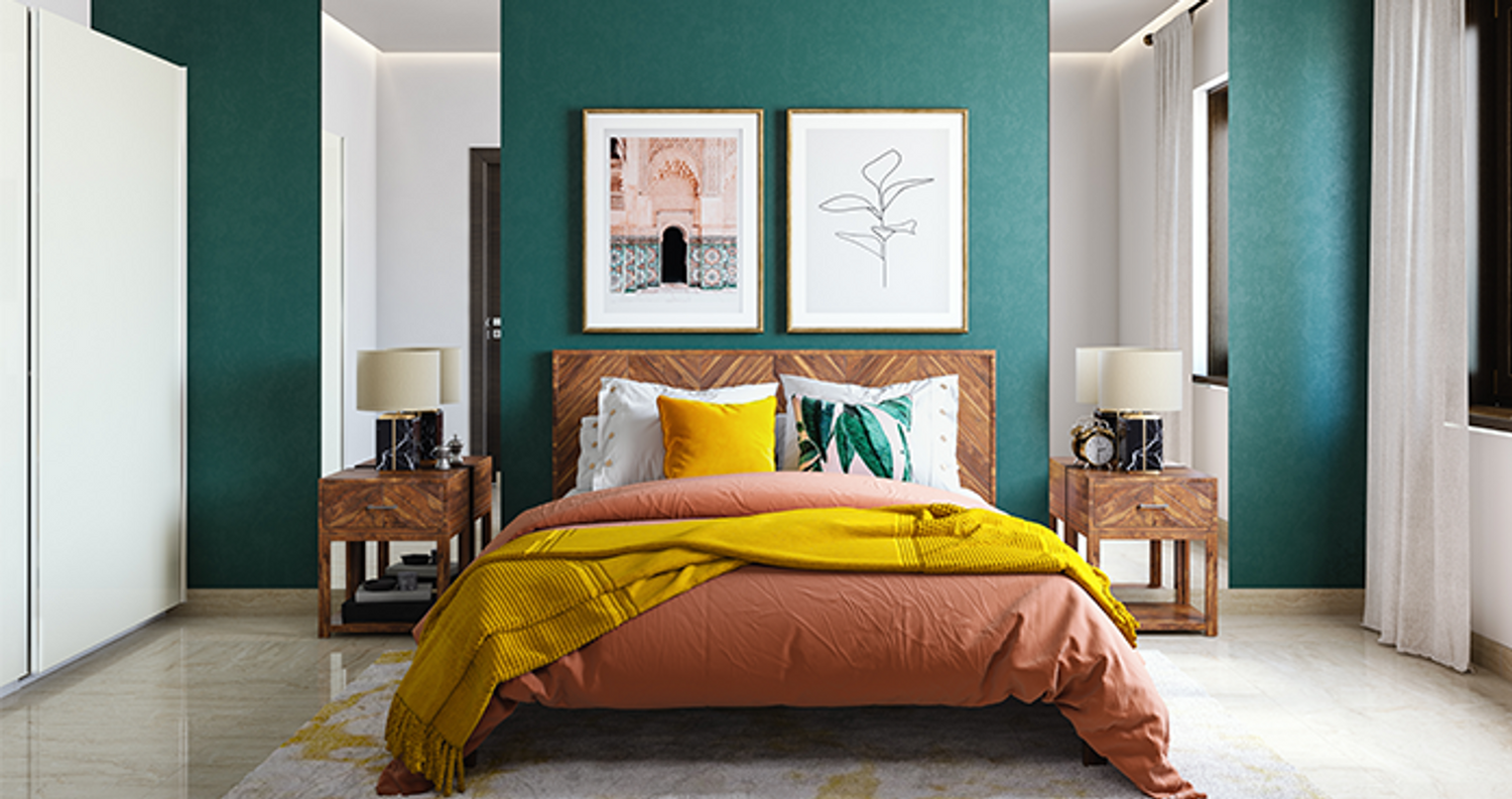 Small yet stylish master bedroom with space-saving furniture and neutral palette.