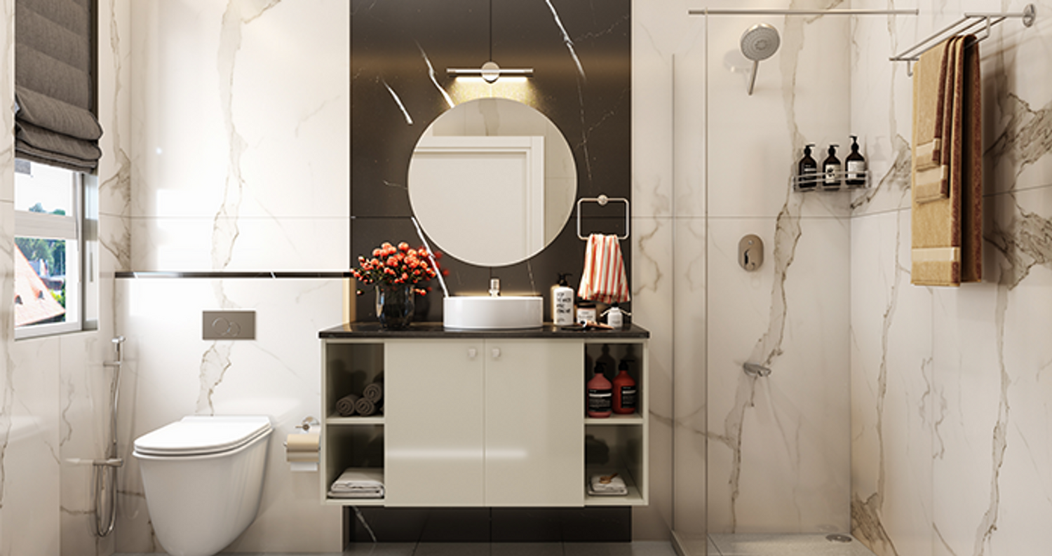 Modern minimalist bathroom in Lucknow with sleek fixtures and monochrome palette
